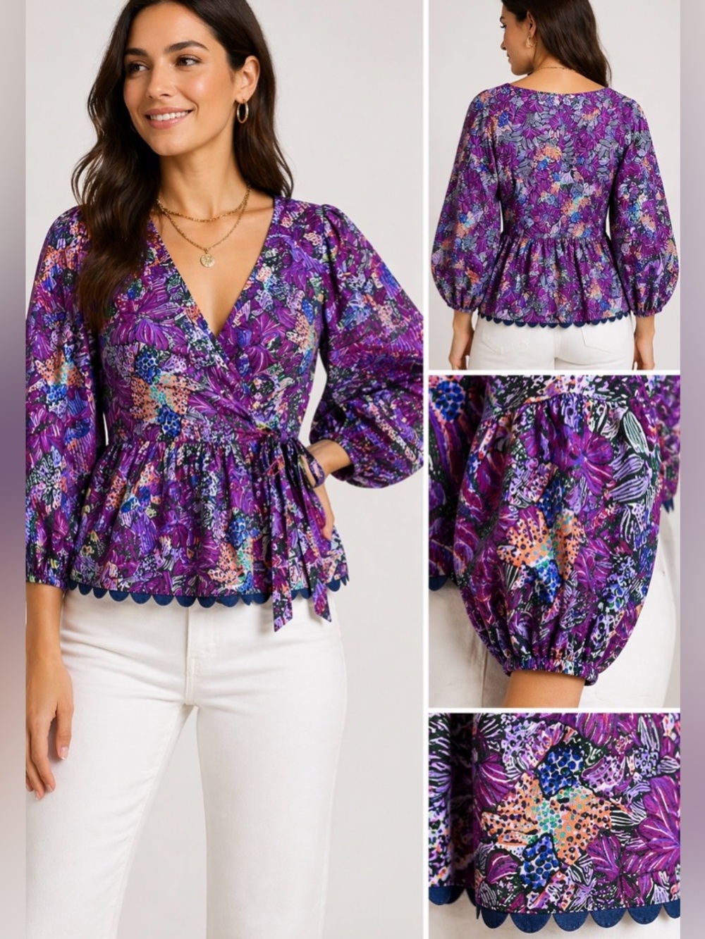 Kika Vargas Floral Wrap Blouse Top Boho Balloon Sleeve Tie Side 100% Cotton Sz S